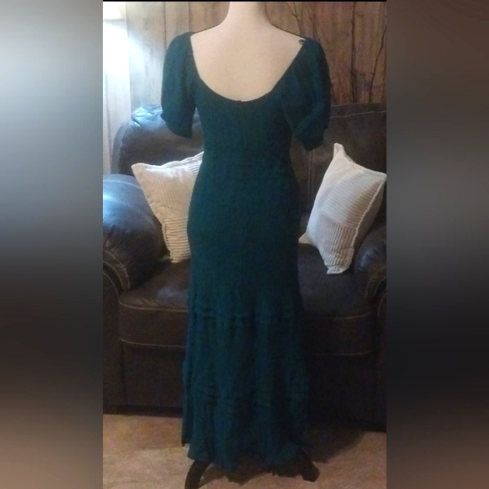 Max + Ash Teal Emerald Green Smocked Gauzy Tiered Puff Sleeve Maxi Dress Boho - Picture 5 of 8